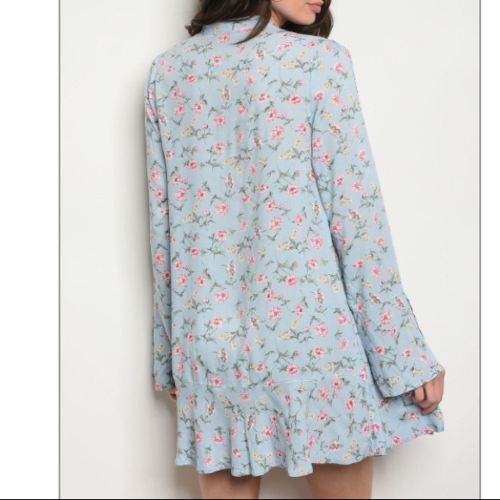 Pale blue floral dress w/high-neck tie - Picture 5 of 8